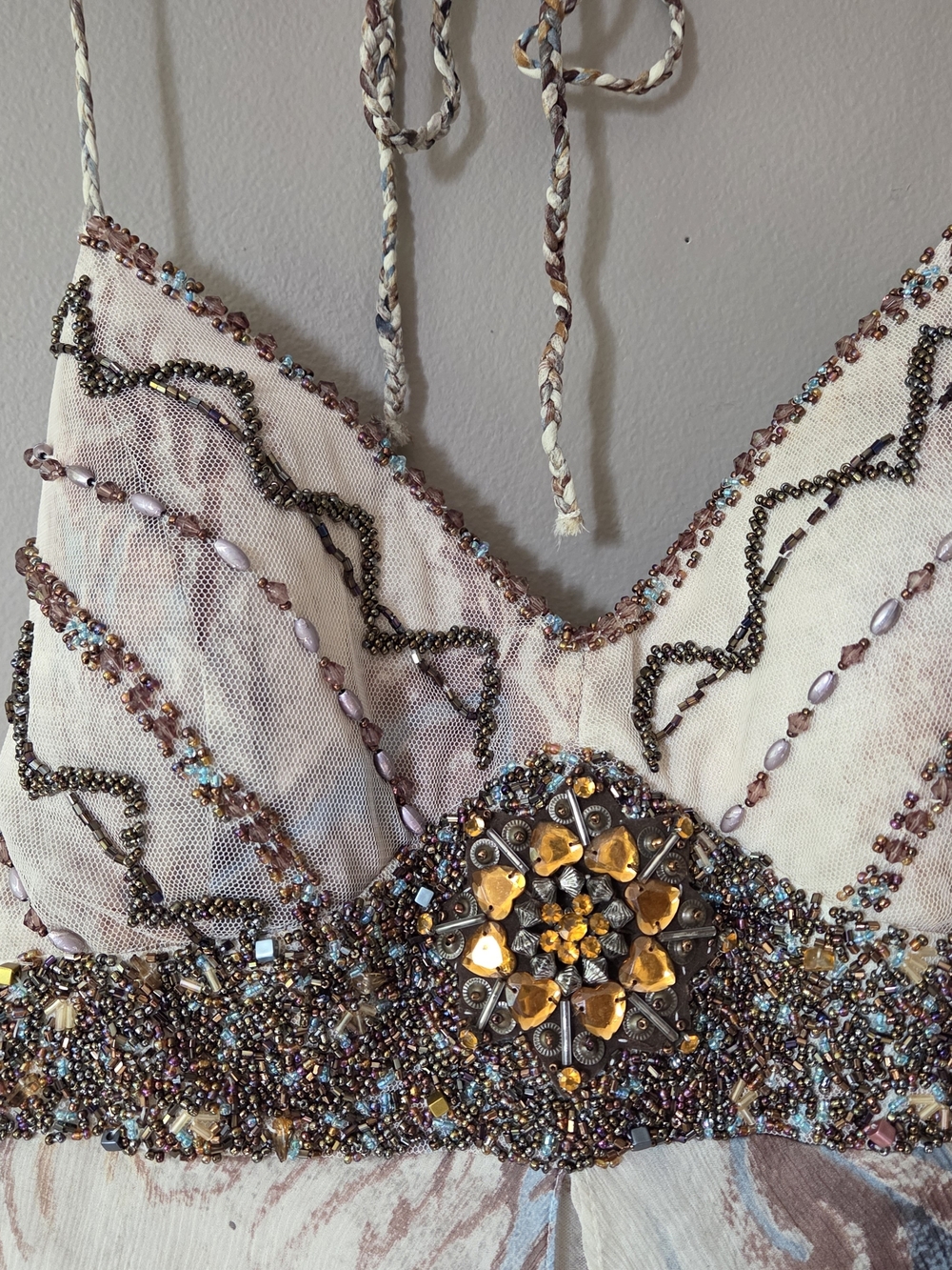 Sue Wong Ivory and Taupe Beaded Halter Midi Dress - Picture 2 of 16